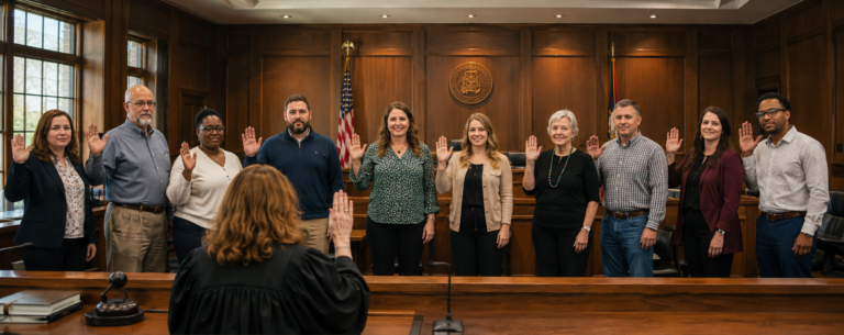 CAJA volunteers being sworn in as advocates in a Madison County courtroom
