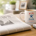 CAJA mug and newspaper on a desk with a framed photo
