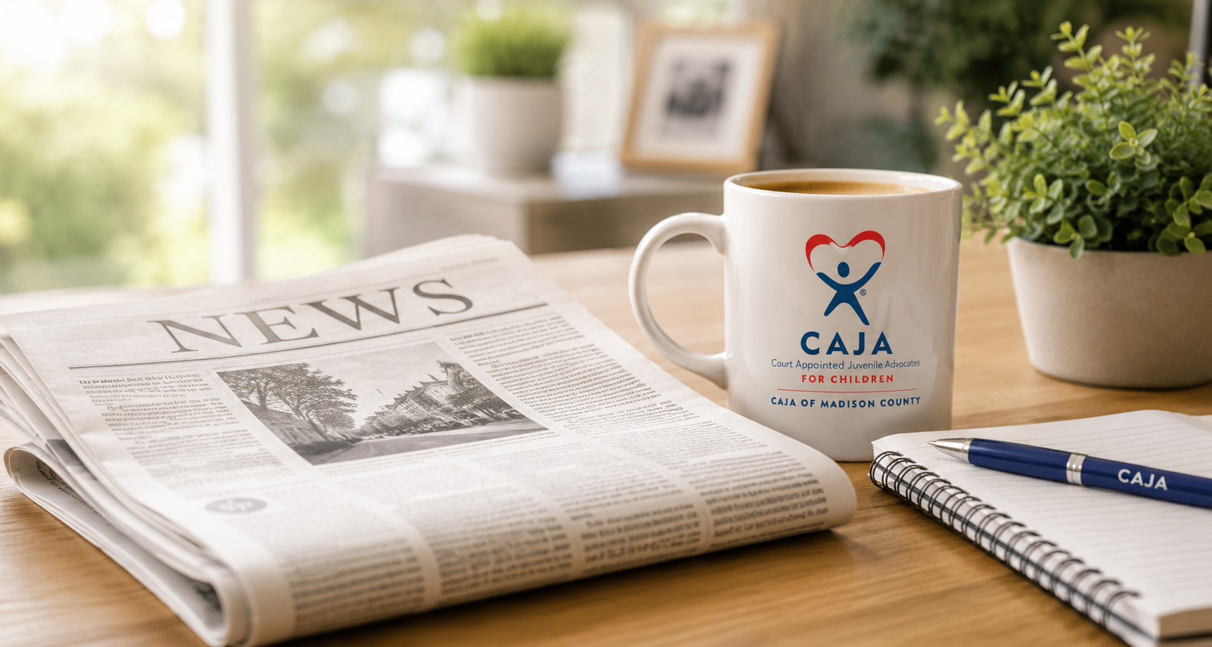 CAJA mug and newspaper on a desk with a framed photo