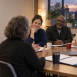 A small group of adult volunteers seated around a table during an evening training session, taking notes and listening to a facilitator.