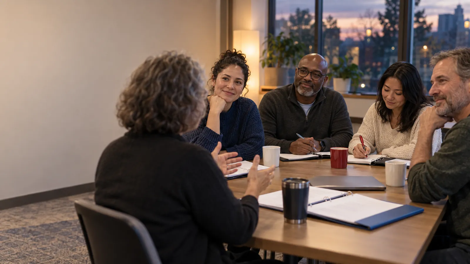 A small group of adult volunteers seated around a table during an evening training session, taking notes and listening to a facilitator.