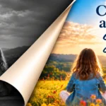 Illustration of a page turning from a gray, cloudy scene to a sunny field of flowers, with the words Change a Child's Story in 2027.